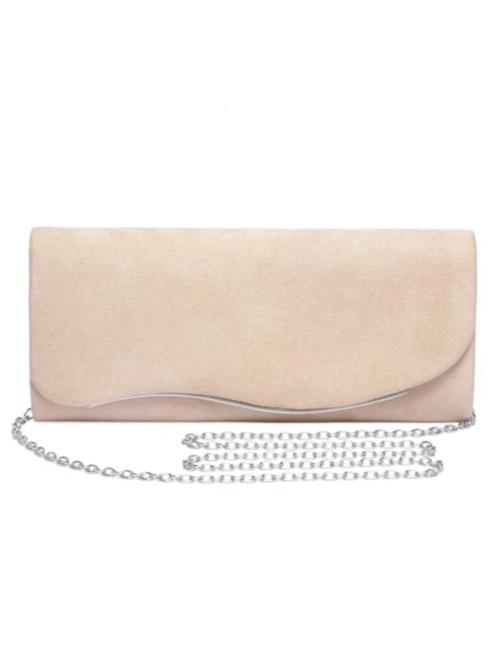 Faux Suede Envelope Clutch with Curved Metal Trim and Chain Strap